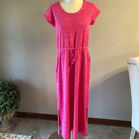NWOT T by TALBOTS DRAW STRING TIE WAIST LONG DRESS. Soft jersey fuchsia SIZE M - Picture 1 of 16